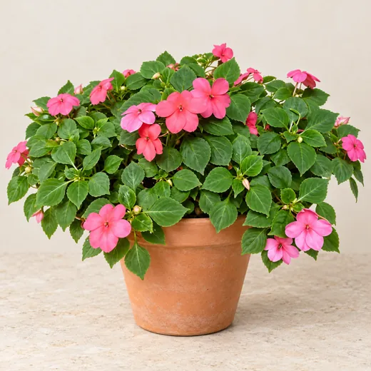 Imagen generada con IA de Alegría de la casa (Impatiens walleriana), basada en fotografía de referencia