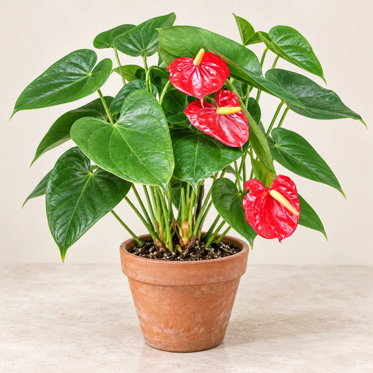 Imagen generada con IA de Anturio (Anthurium andraeanum, híbridos), basada en fotografía de referencia