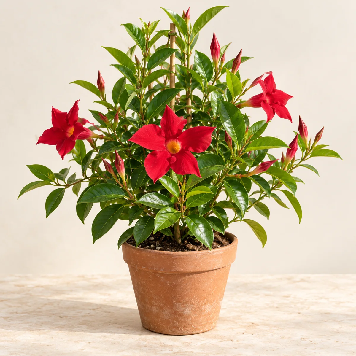 Imagen generada con IA de Dipladenia (Mandevilla sanderi e híbridos comerciales), basada en fotografía de referencia