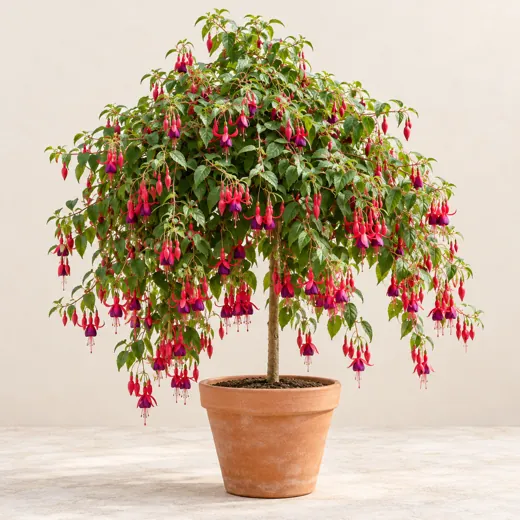 Imagen generada con IA de Fucsia (Fuchsia × hybrida), basada en fotografía de referencia