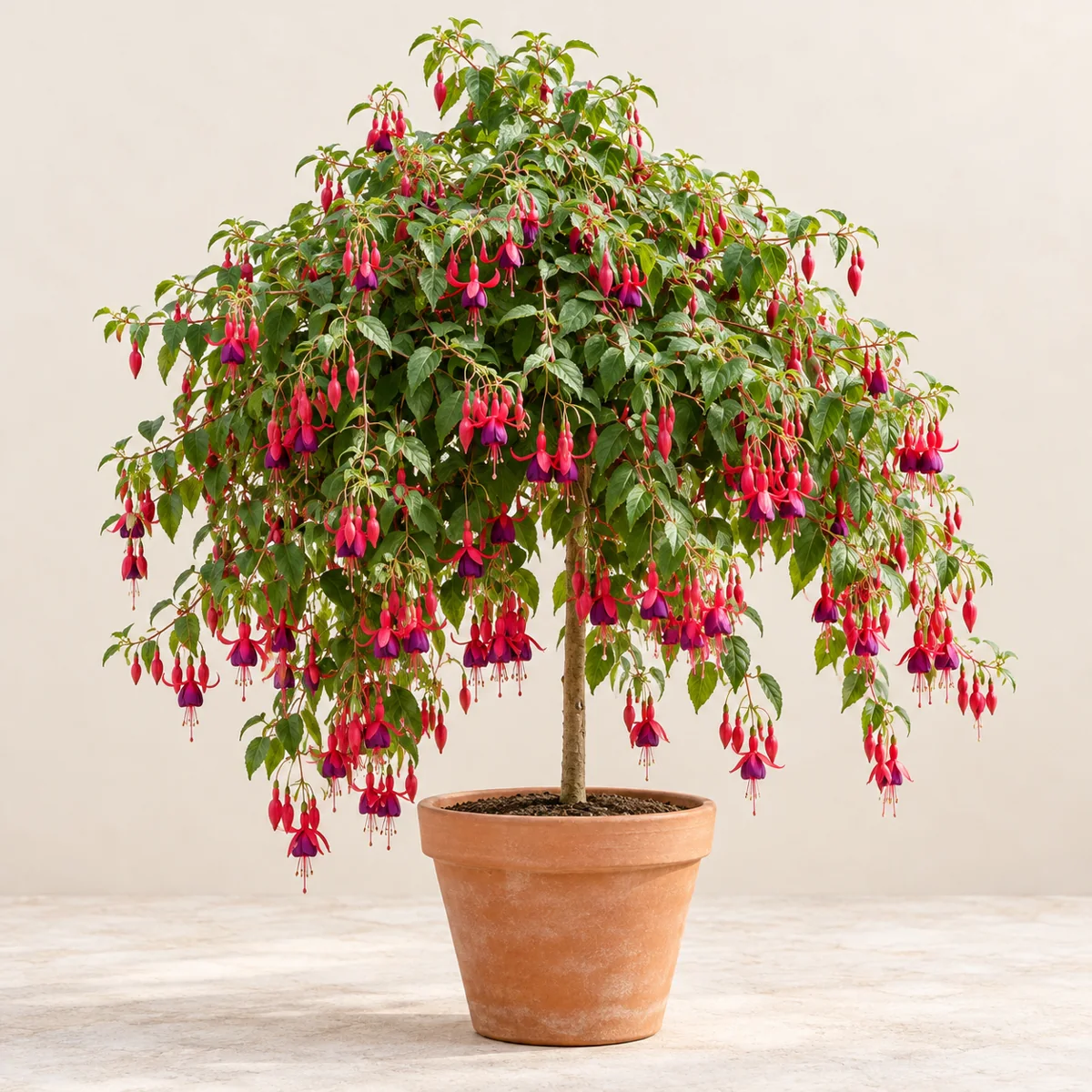 Imagen generada con IA de Fucsia (Fuchsia × hybrida), basada en fotografía de referencia
