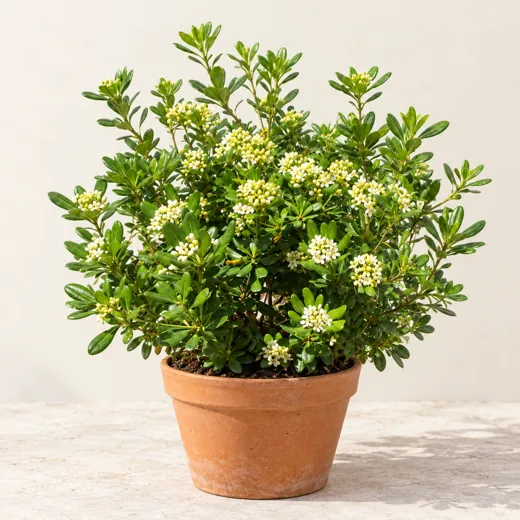 Imagen generada con IA de Pitosporo (Pittosporum tobira), basada en fotografía de referencia