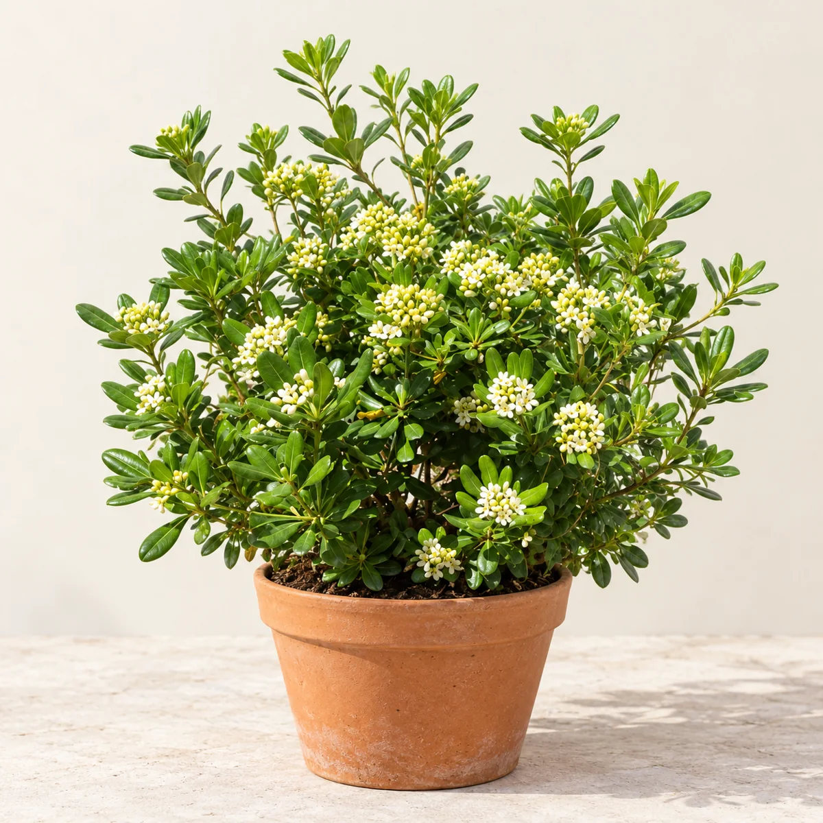 Imagen generada con IA de Pitosporo (Pittosporum tobira), basada en fotografía de referencia